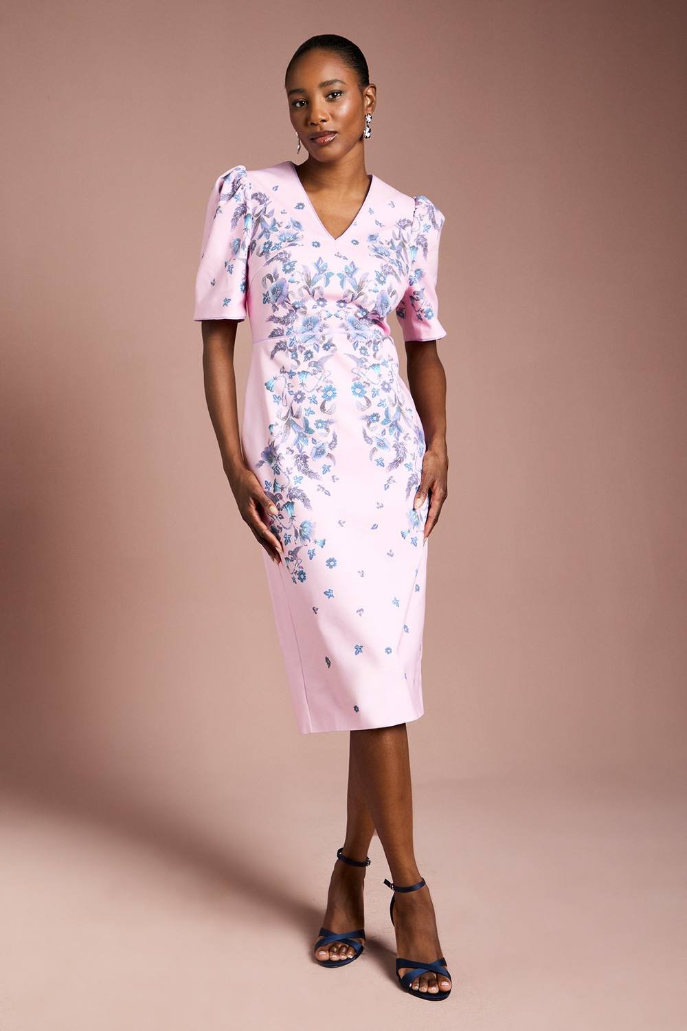 Coast Coast Women's Puff Sleeve Floral Placement Print Structured Cotton Pencil Dress in Lilac - 2