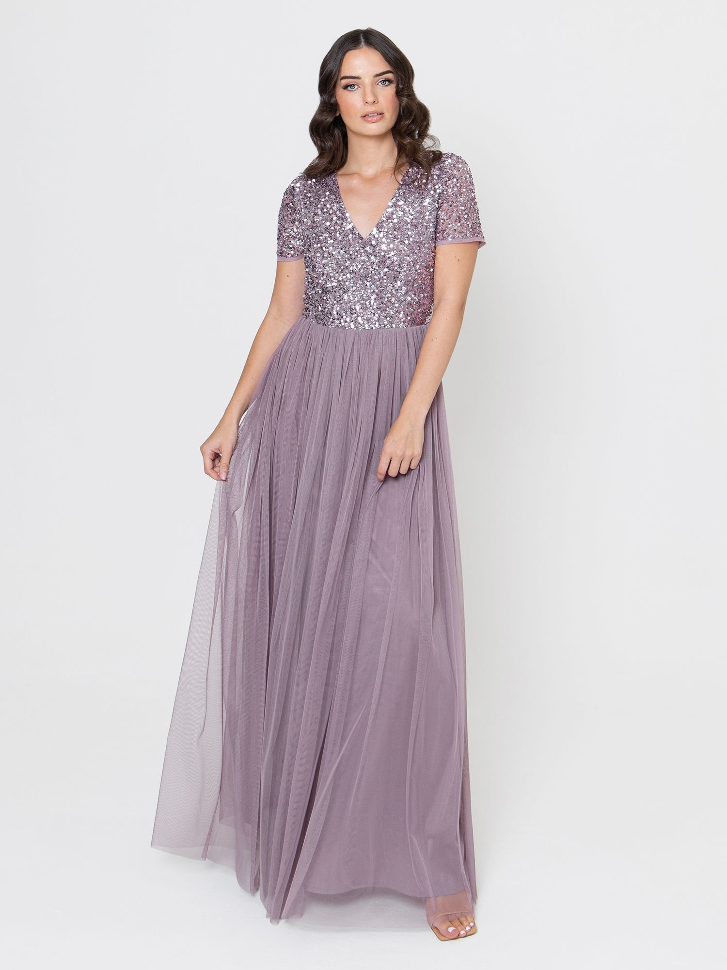 Maya Deluxe Maya Deluxe Women's Short Sleeve V Neck Embellished Maxi Dress in Lilac - 2