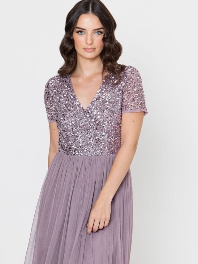 Maya Deluxe Maya Deluxe Women's Short Sleeve V Neck Embellished Maxi Dress in Lilac - 2
