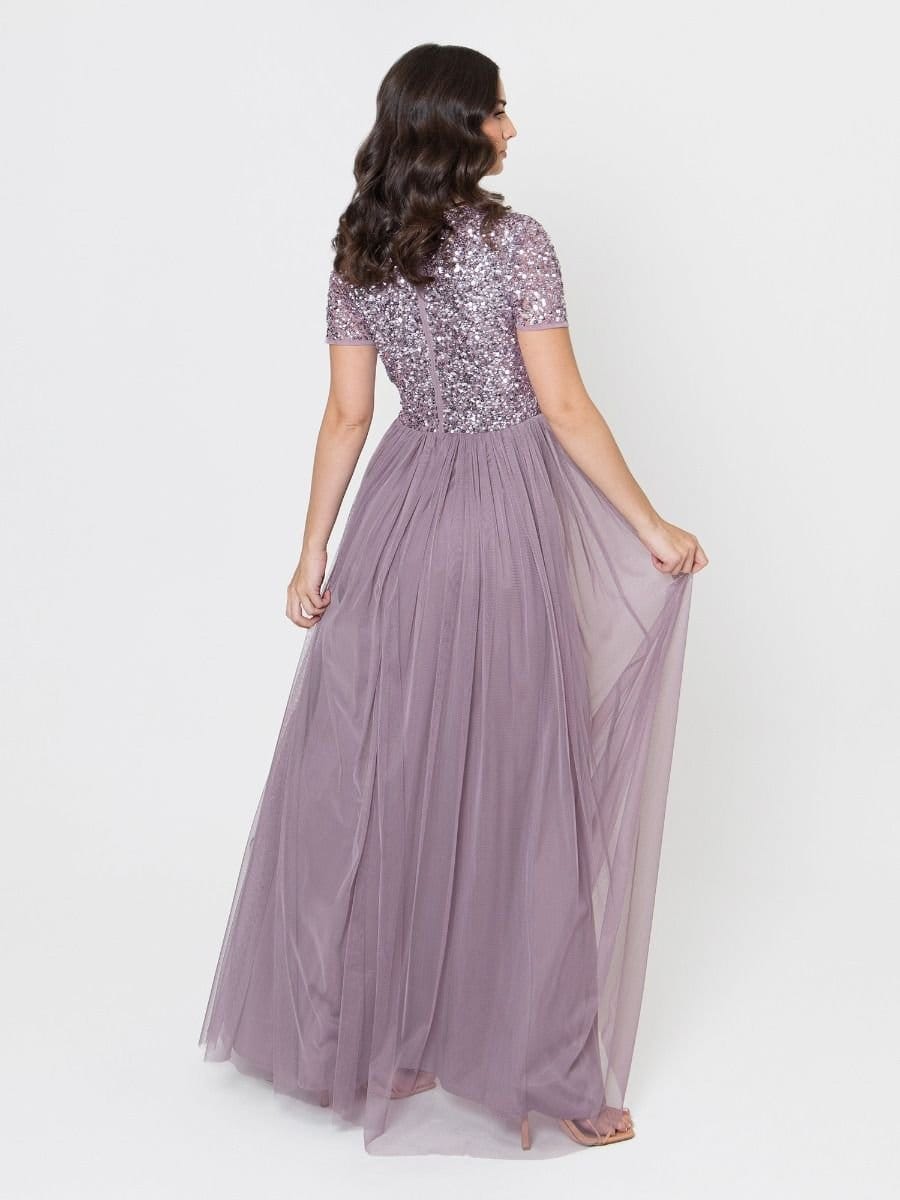 Maya Deluxe Maya Deluxe Women's Short Sleeve V Neck Embellished Maxi Dress in Lilac - 4