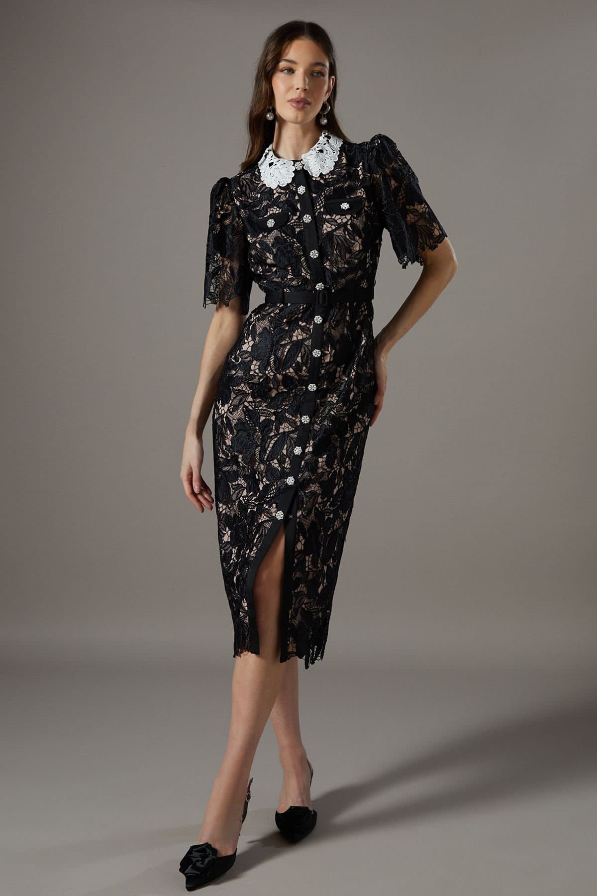 Coast Coast Women's Lace Shirt Dress Contrast Colour in Black