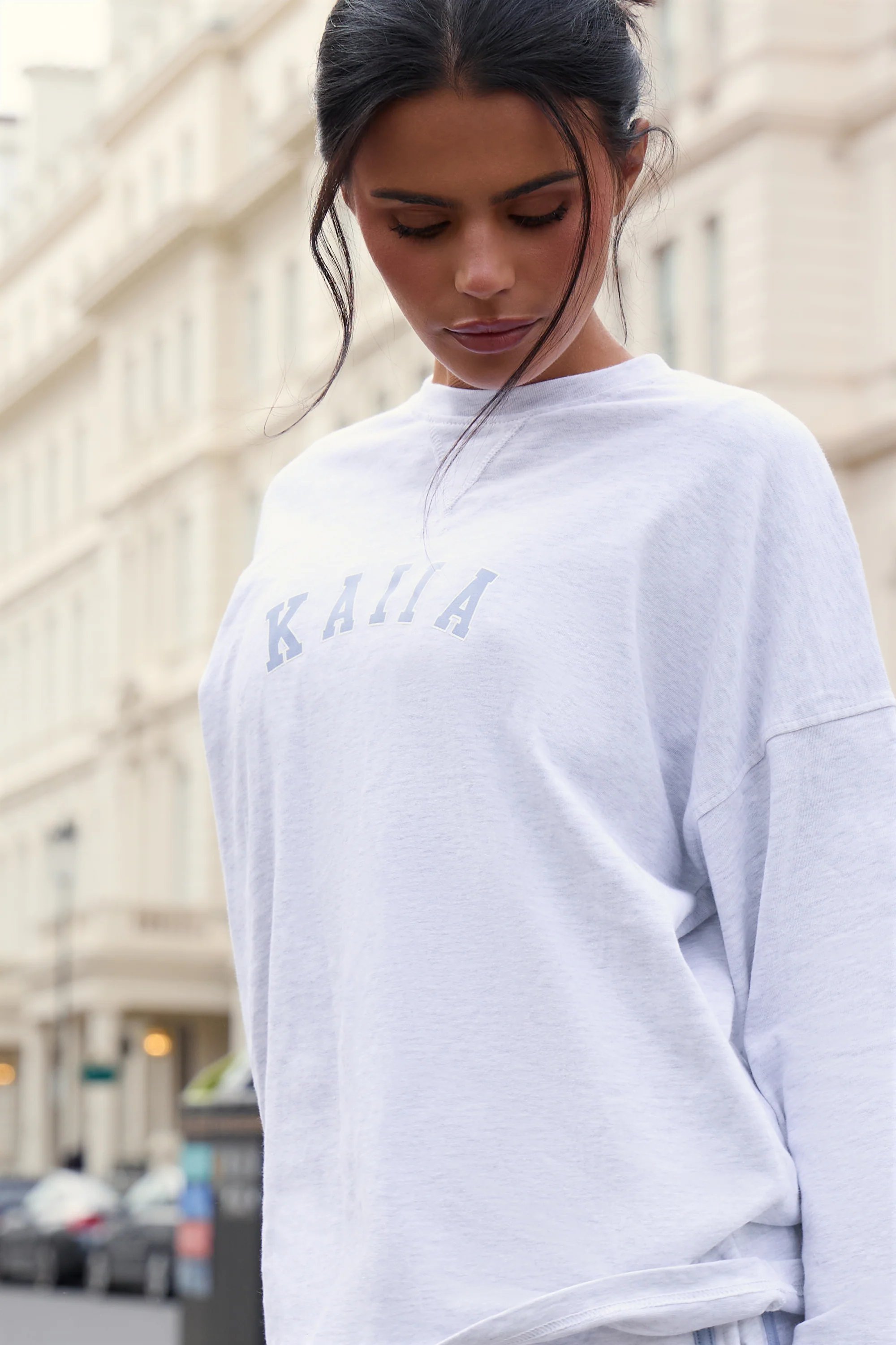 Kaiia Kaiia Cotton Long Sleeve Oversized T-shirt Light Grey Marl & Light Blue - 2