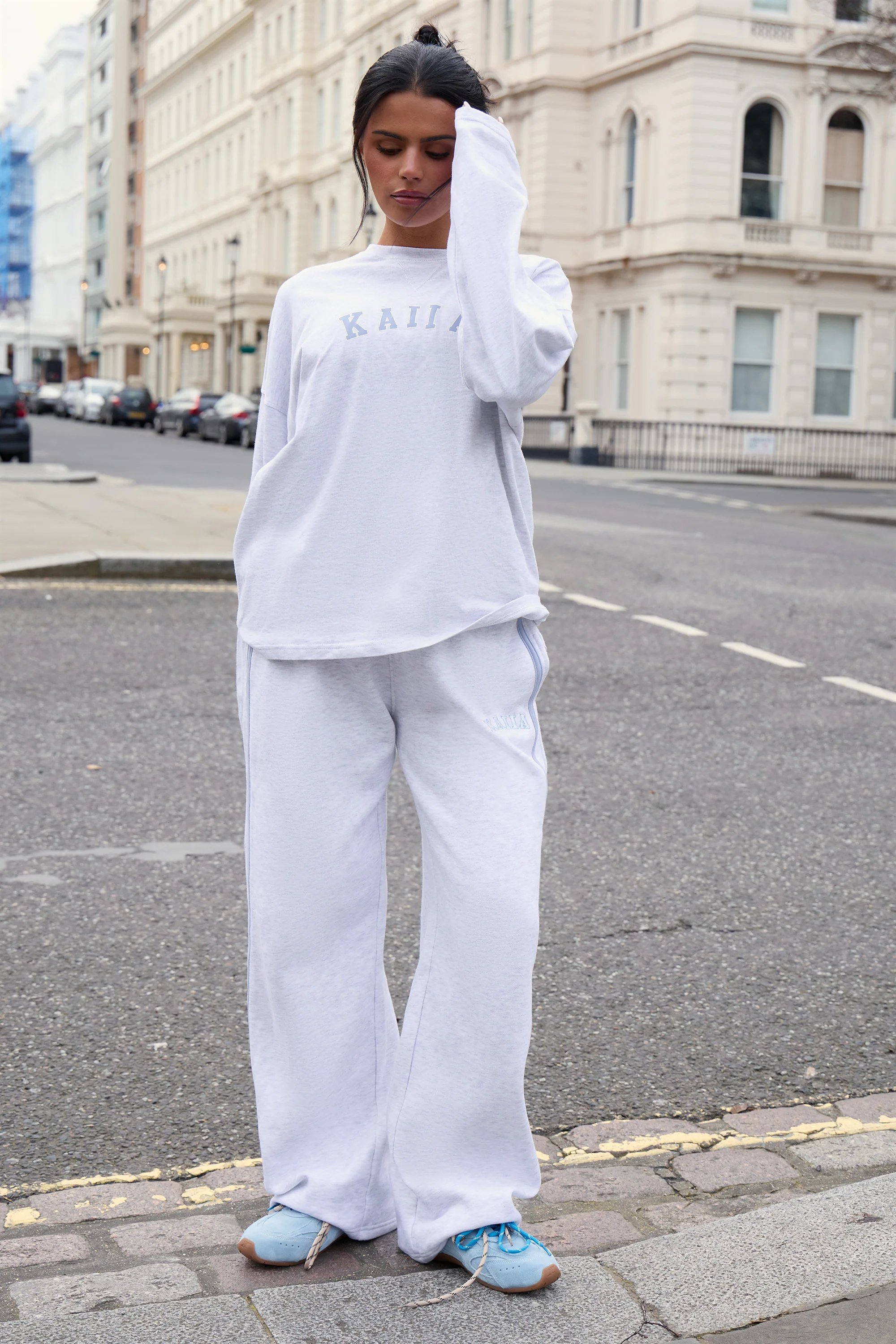 Kaiia Kaiia Cotton Long Sleeve Oversized T-shirt Light Grey Marl & Light Blue - 3