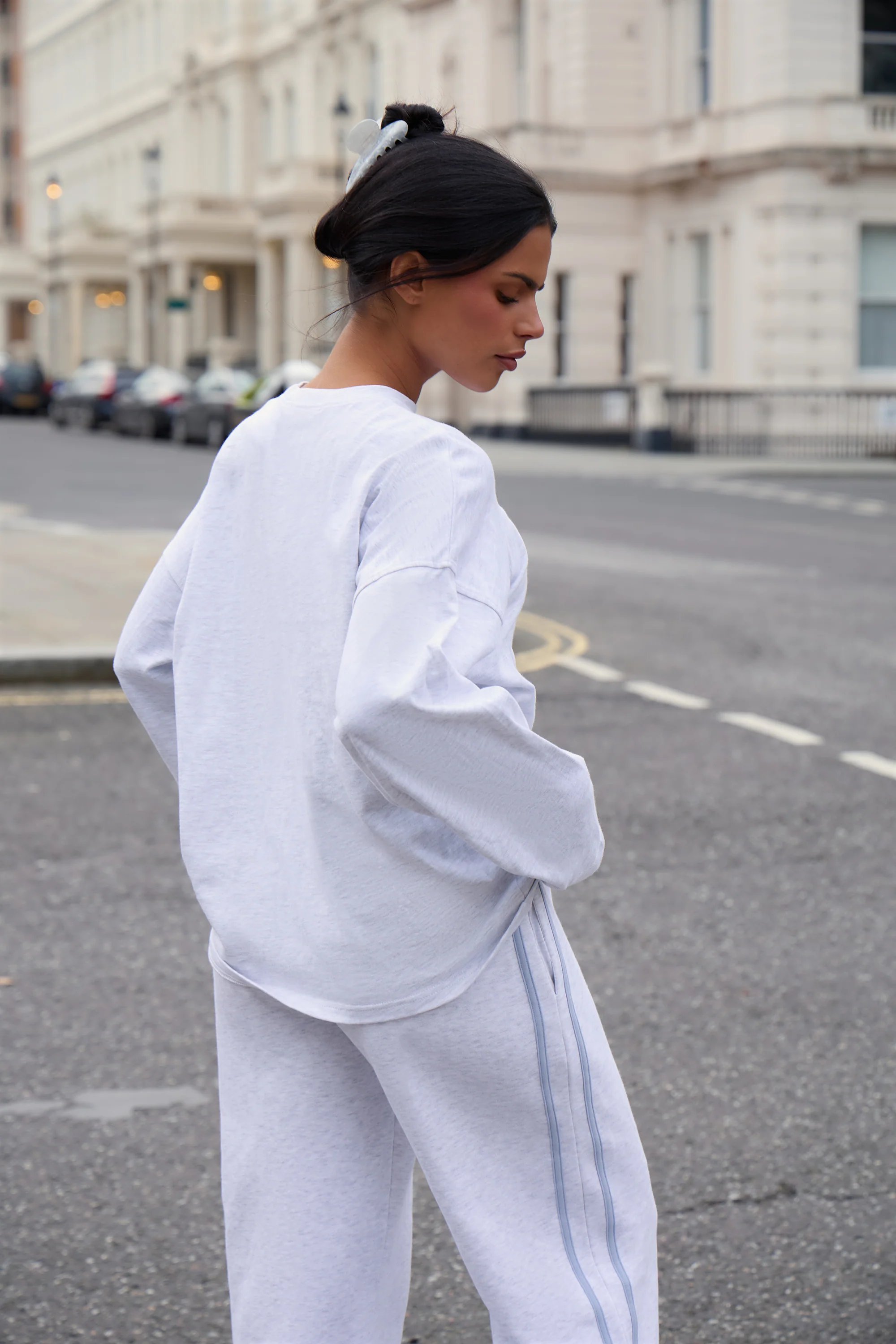 Kaiia Kaiia Cotton Long Sleeve Oversized T-shirt Light Grey Marl & Light Blue - 4