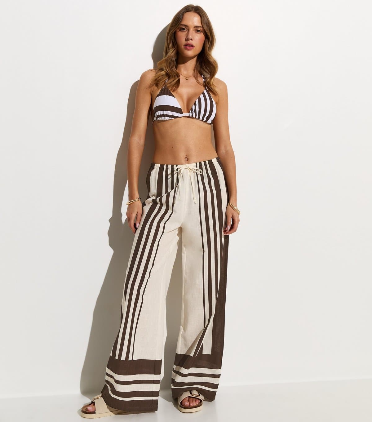 New Look Women's White Striped Wide Leg Beach Trousers New Look