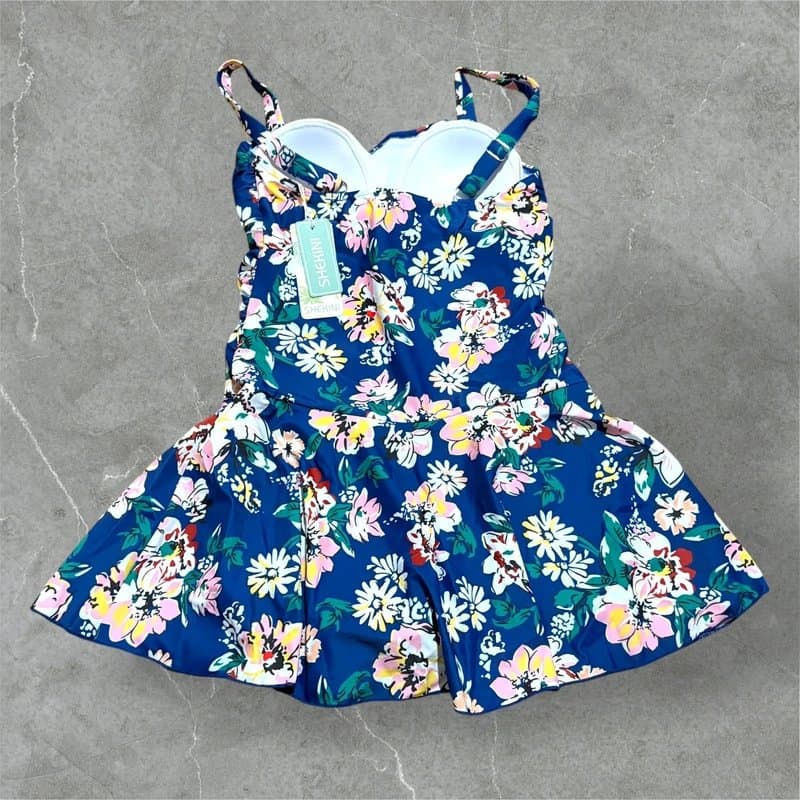 SHEKINI swim dress swimsuit floral tummy control shekini blue skirted one piece swimwear uk 12