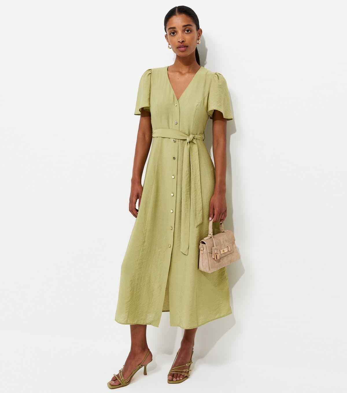 New Look Women's Light Khaki Button Front Flutter Sleeve Midi Dress New Look