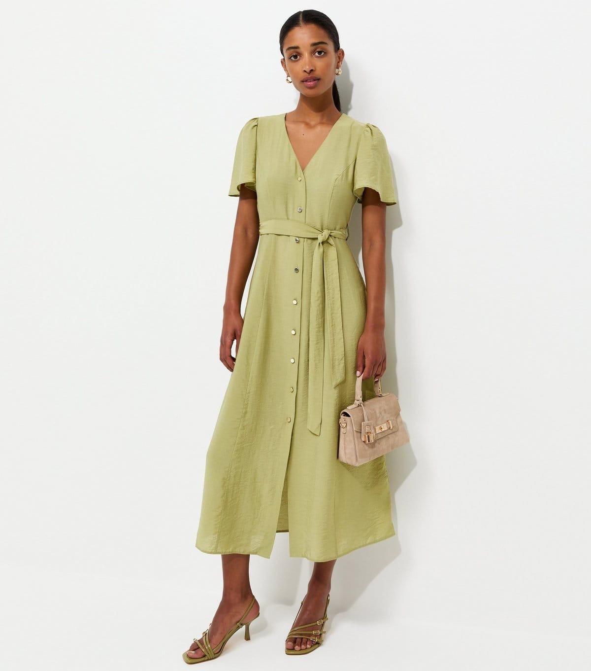 Women's Light Khaki Button Front Flutter Sleeve Midi Dress New Look