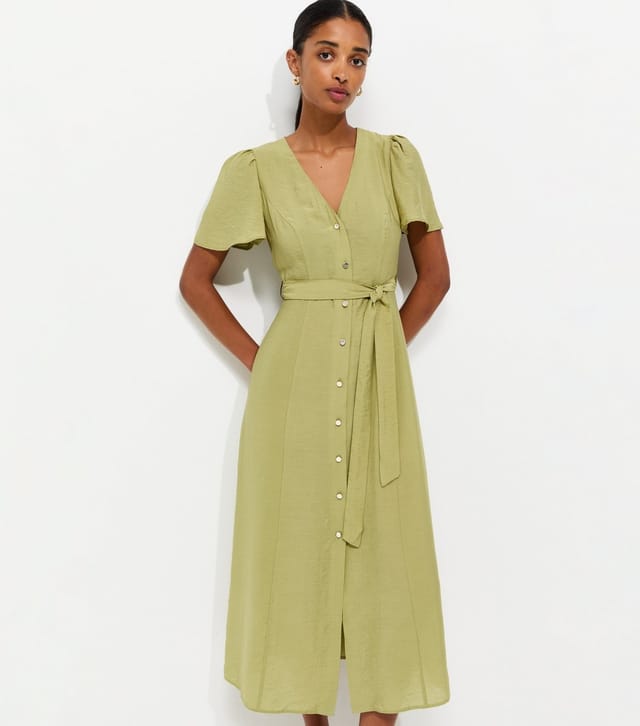 New Look Women's Light Khaki Button Front Flutter Sleeve Midi Dress New Look - 2