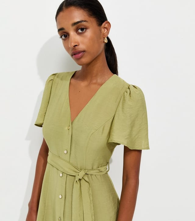 New Look Women's Light Khaki Button Front Flutter Sleeve Midi Dress New Look - 3