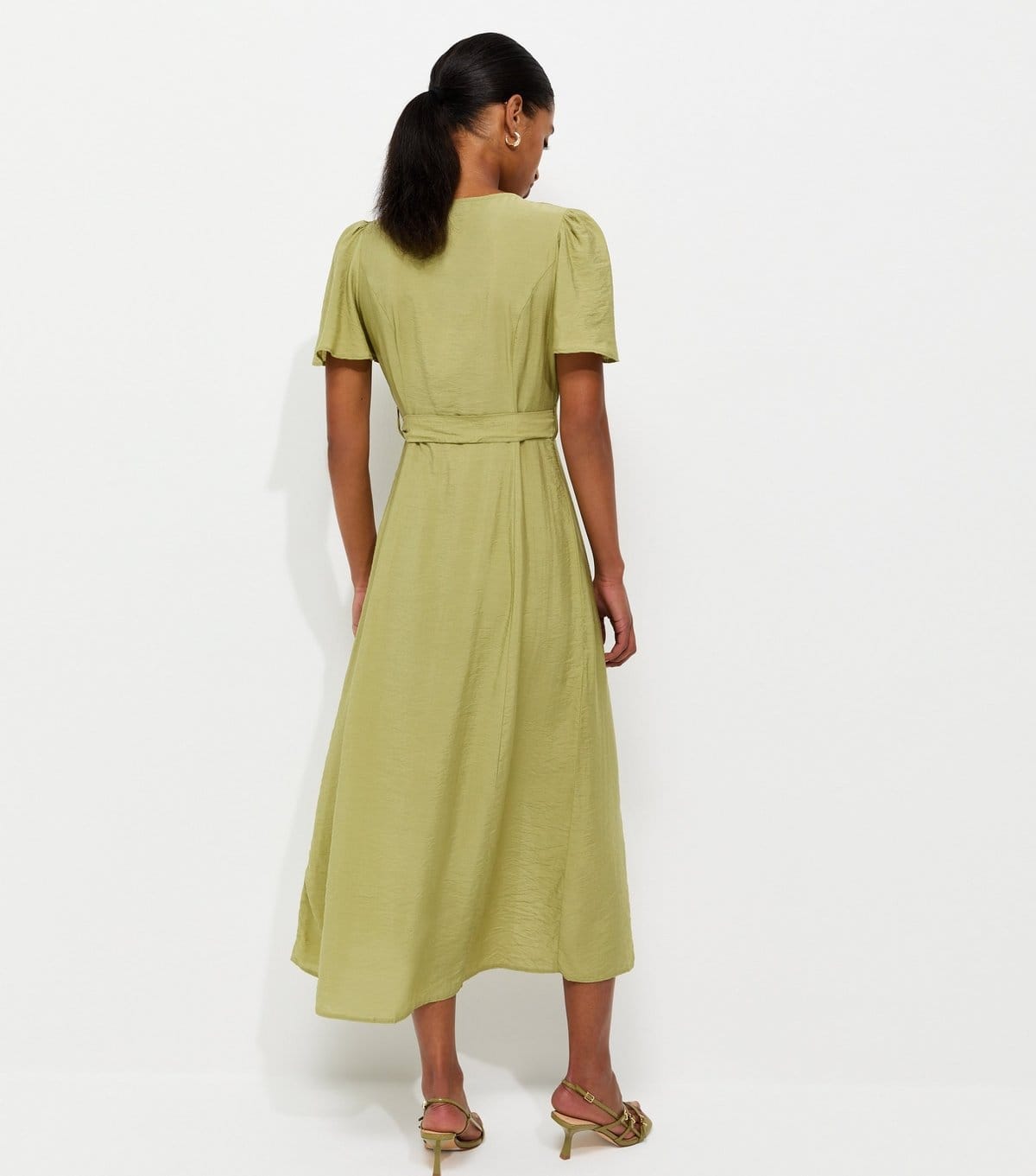 New Look Women's Light Khaki Button Front Flutter Sleeve Midi Dress New Look - 4
