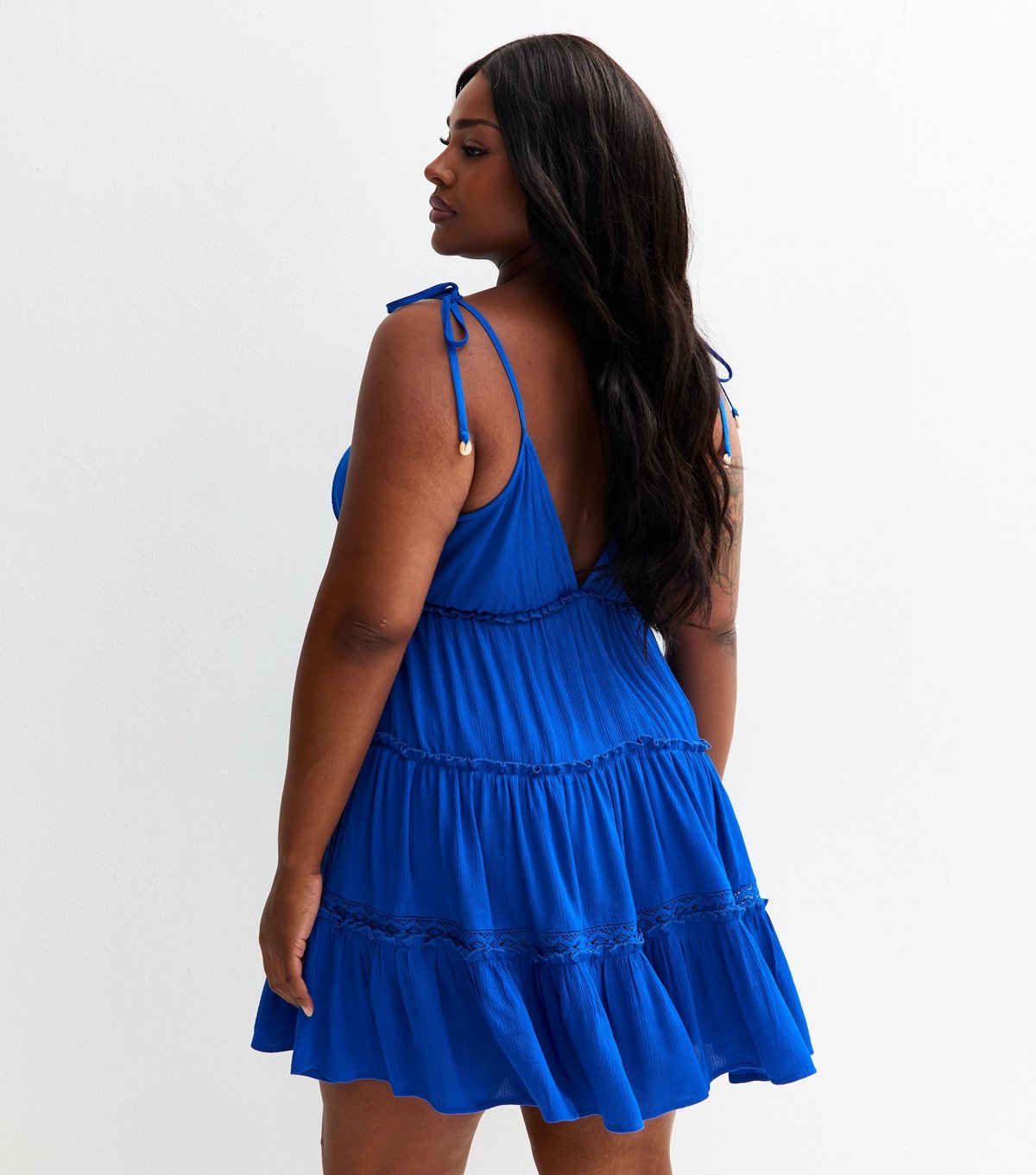 New Look Women's Plus Size Blue Lace Insert Strappy Beach Mini Dress Curves New Look - 4
