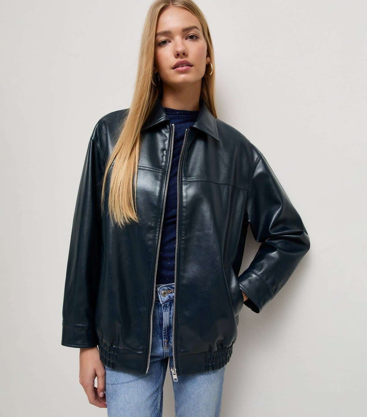 New Look Women's Navy Faux Leather Zip Front Jacket New Look