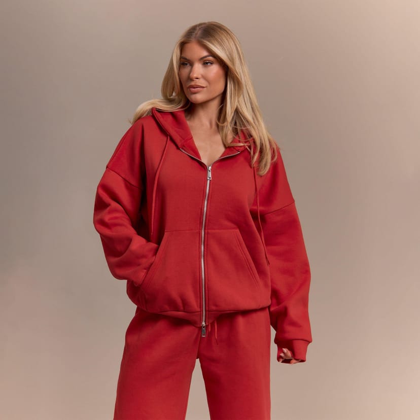 EGO Long Sleeve Double Zip Oversized Hoodie In Red, Women's Size UK 6 - 1