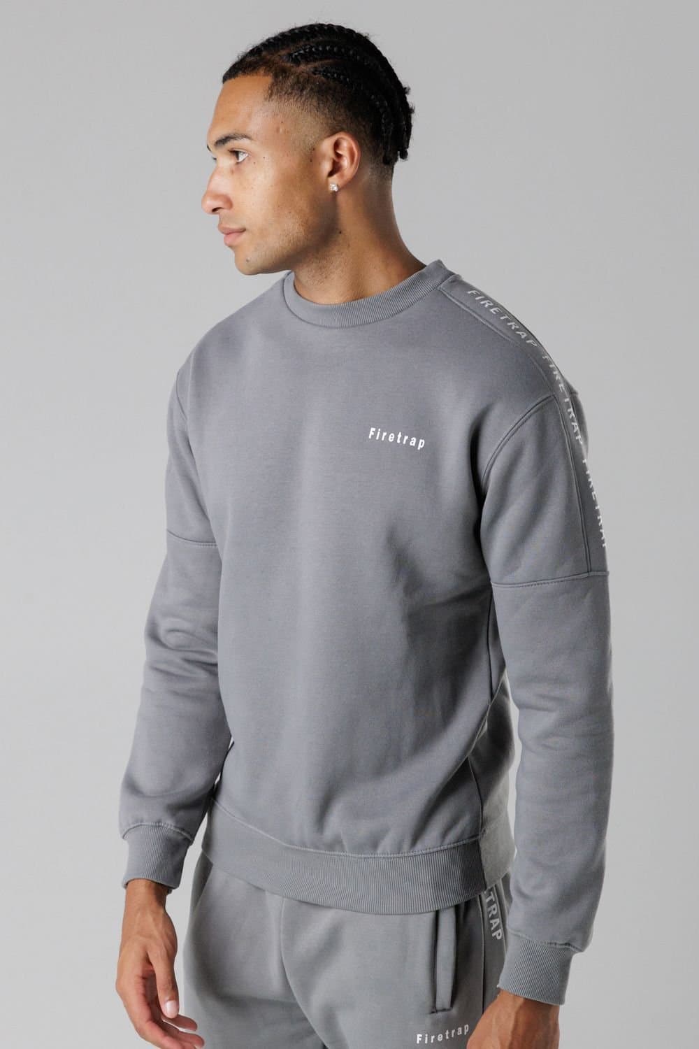 Firetrap Firetrap Men's Brushed Fleece Crew Neck Sweatshirt with Logo Strip Sleeves in Dark Grey