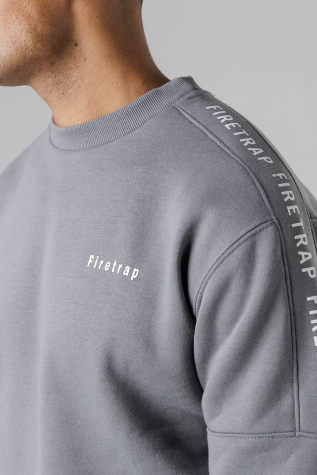 Firetrap Firetrap Men's Brushed Fleece Crew Neck Sweatshirt with Logo Strip Sleeves in Dark Grey - 3