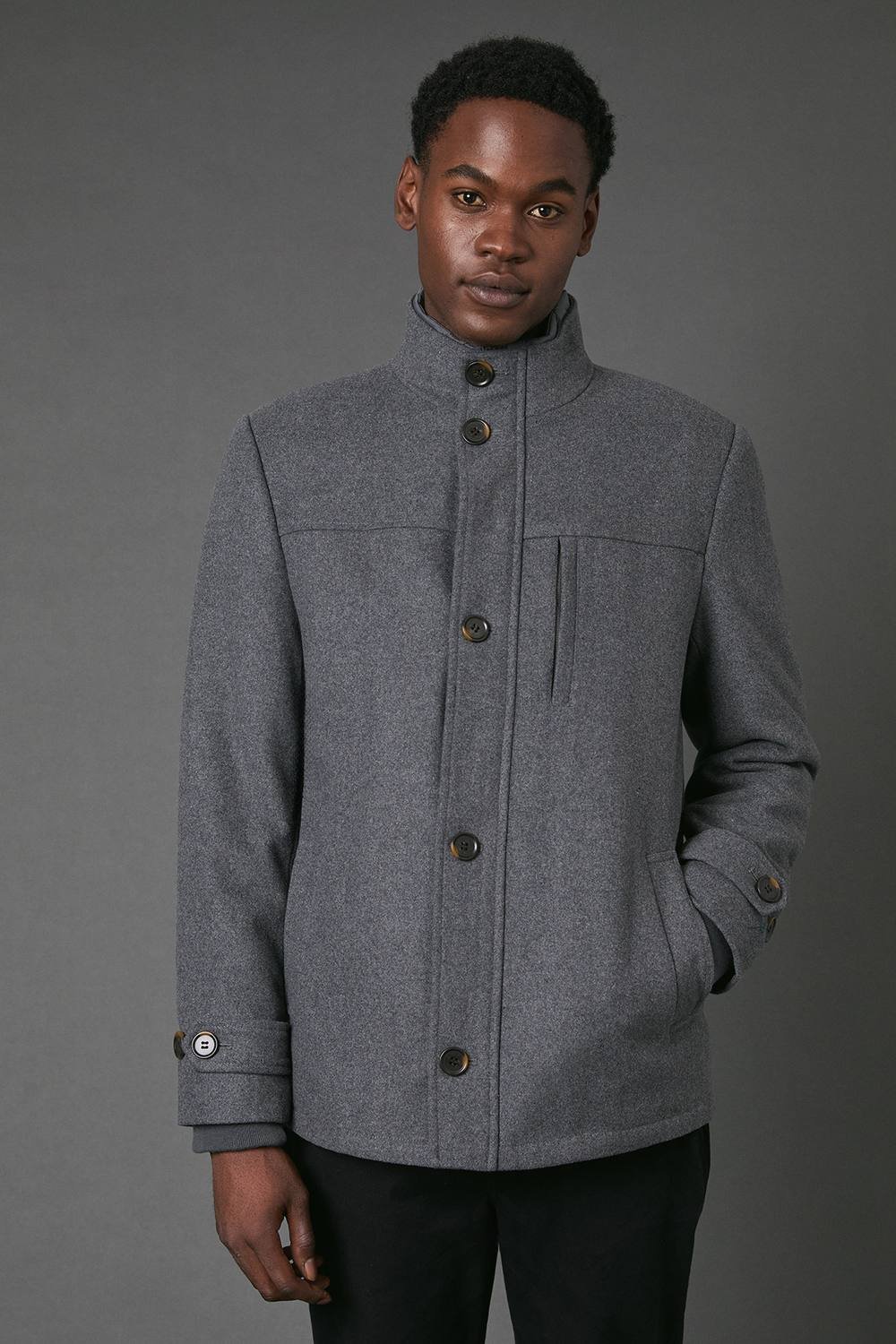 Maine Maine Men's Mid Grey Funnel Neck Wool Blend Jacket - 2