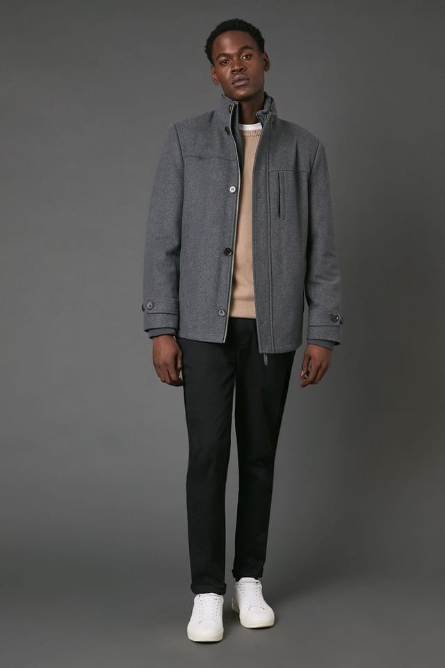 Maine Maine Men's Mid Grey Funnel Neck Wool Blend Jacket - 2