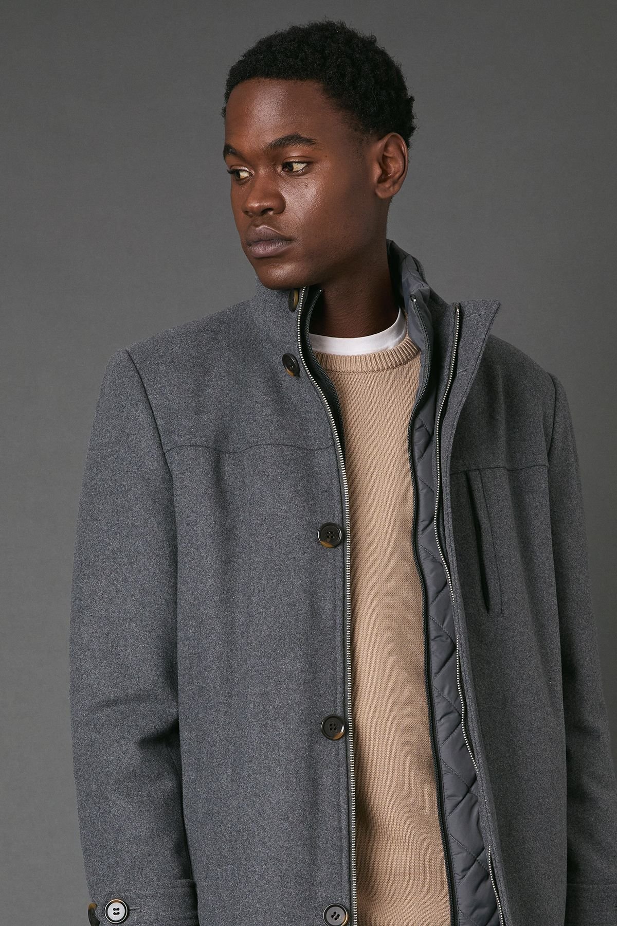 Maine Maine Men's Mid Grey Funnel Neck Wool Blend Jacket - 3