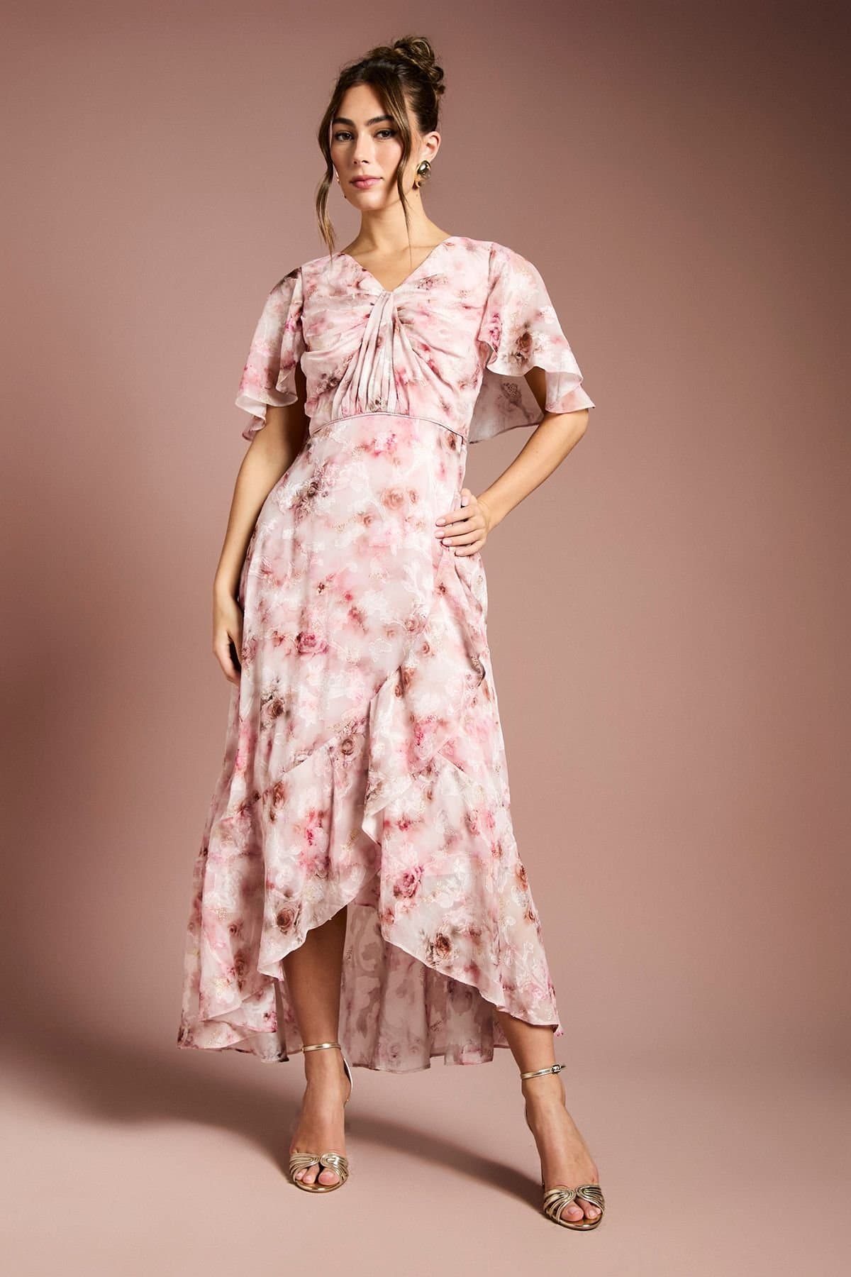 Coast Coast Women's Printed Satin Jacquard Twist Front Midi Dress in Blush