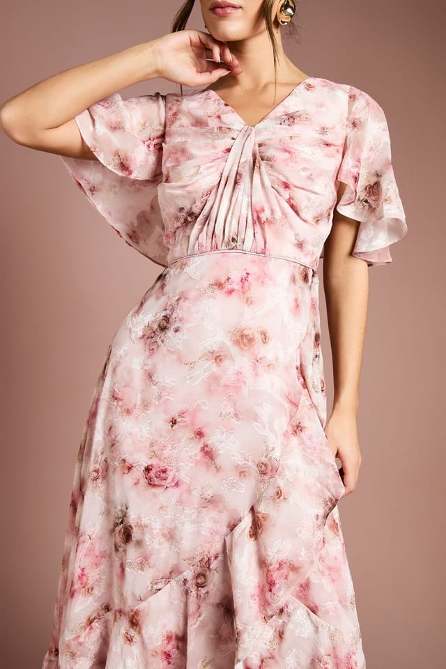 Coast Coast Women's Printed Satin Jacquard Twist Front Midi Dress in Blush - 2