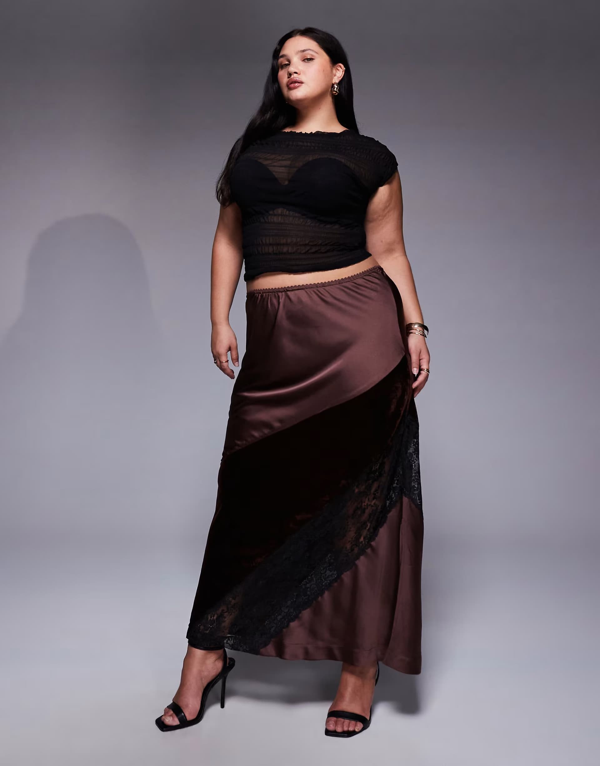 ASOS ASOS DESIGN Curve velvet and lace mix satin maxi skirt in chocolate
