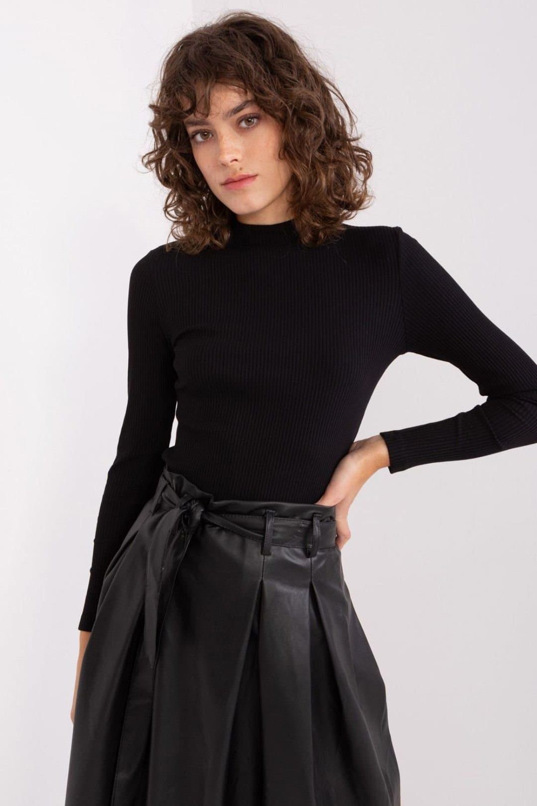 Love Lace Love Lace Black Cotton Ribbed Half Turtleneck Blouse