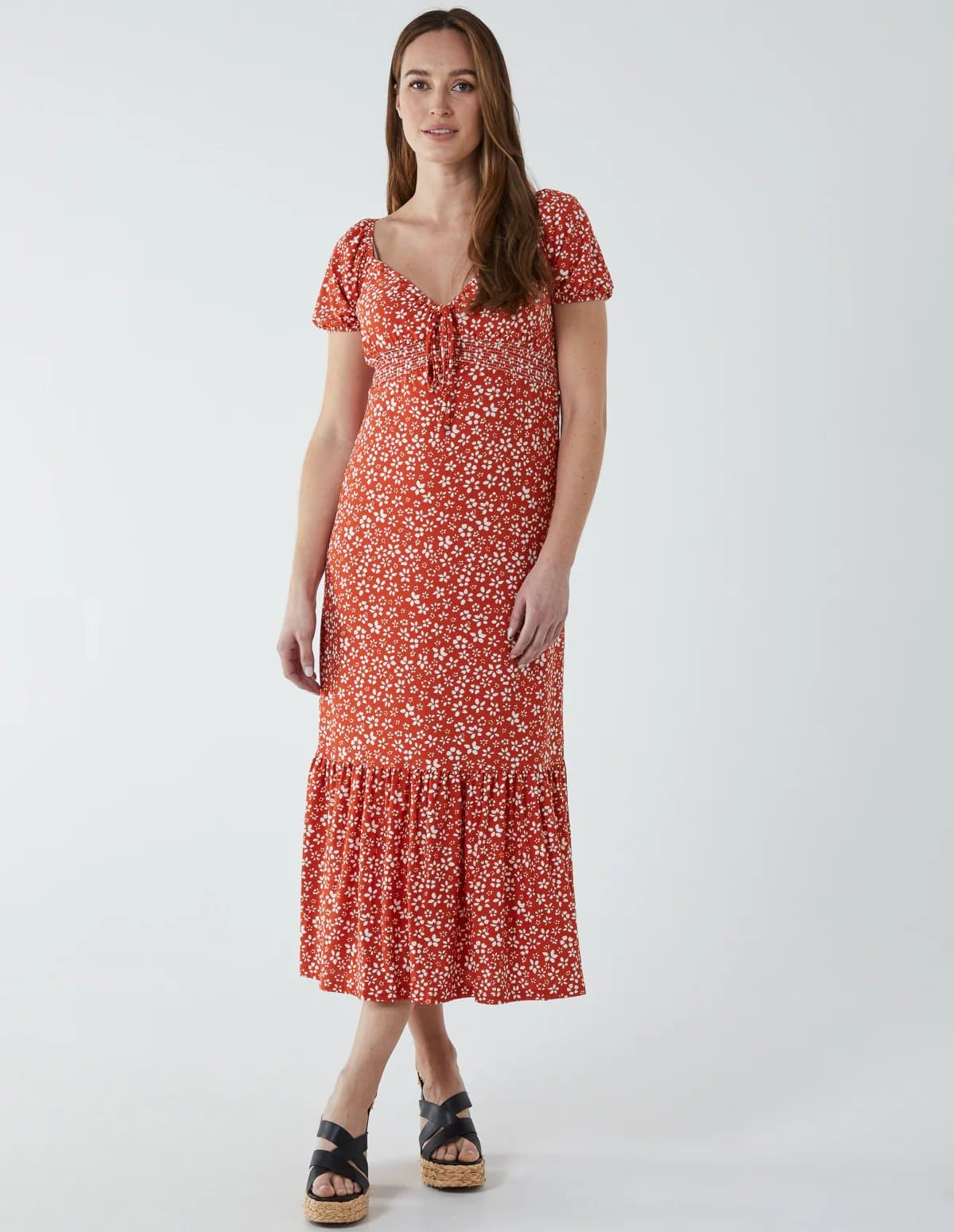 Blue Vanilla Shirred Milkmaid Sweetheart Midi Dress