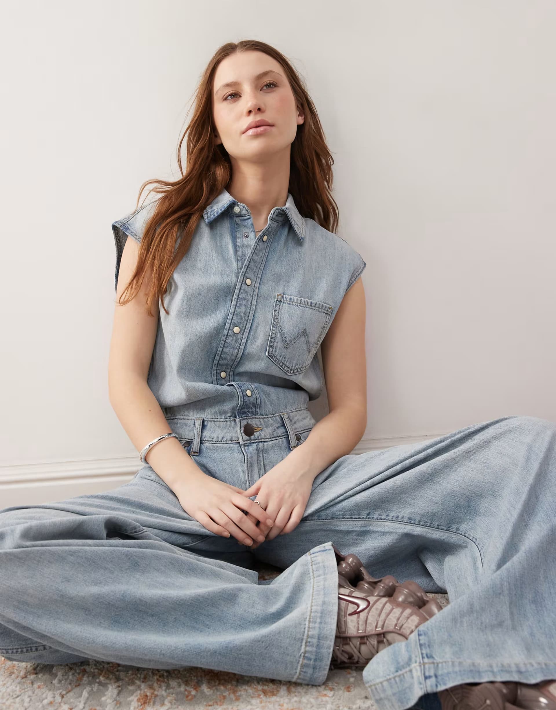 ASOS Wrangler denim jumpsuit in light blue wash