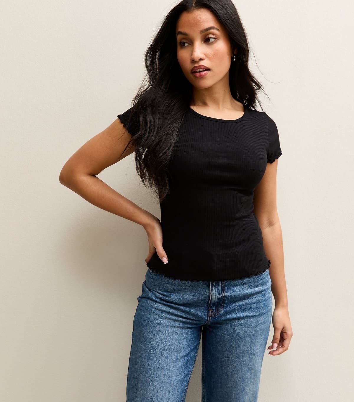 New Look Women's Petite Black Ribbed Babylock Tee New Look