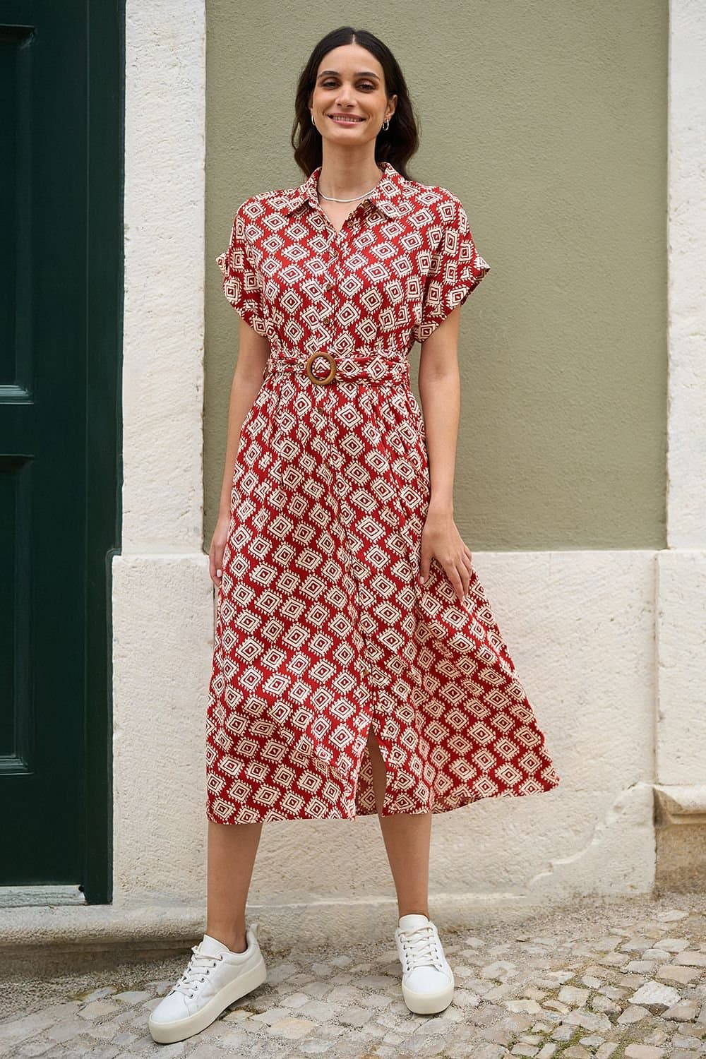 Yumi Yumi Women's Red Viscose Midi Shirt Dress With Matching Belt