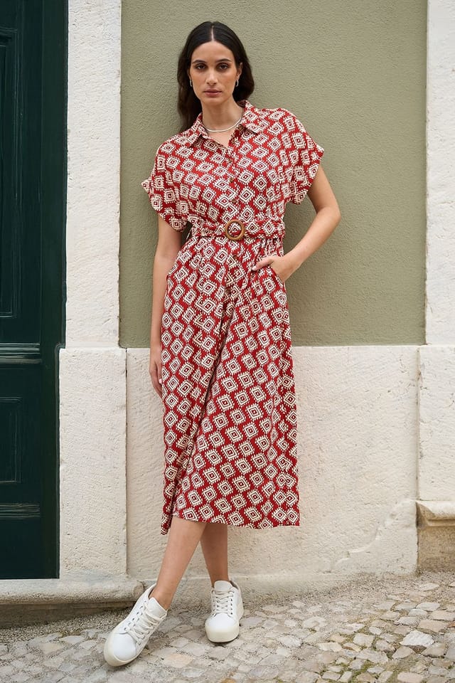 Yumi Yumi Women's Red Viscose Midi Shirt Dress With Matching Belt - 2