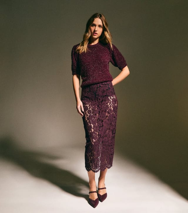 New Look Women's Burgundy Sheer Lace Midi Skirt New Look - 2