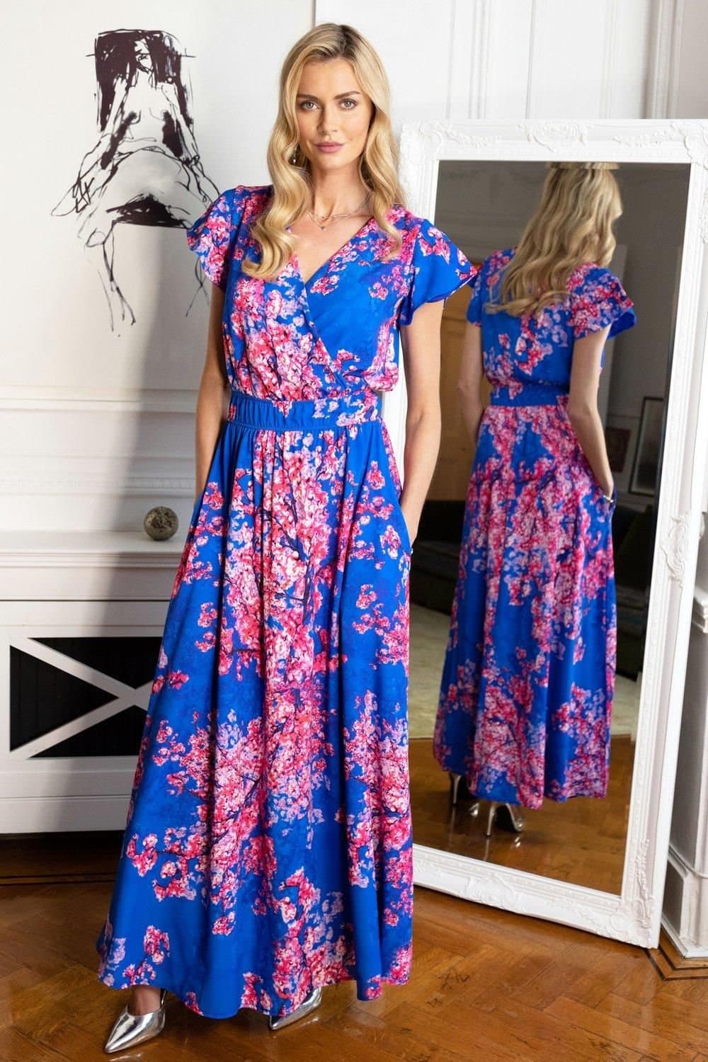 Hot Squash Hot Squash Women's Chiffon Wrap Top Maxi Dress in Blue