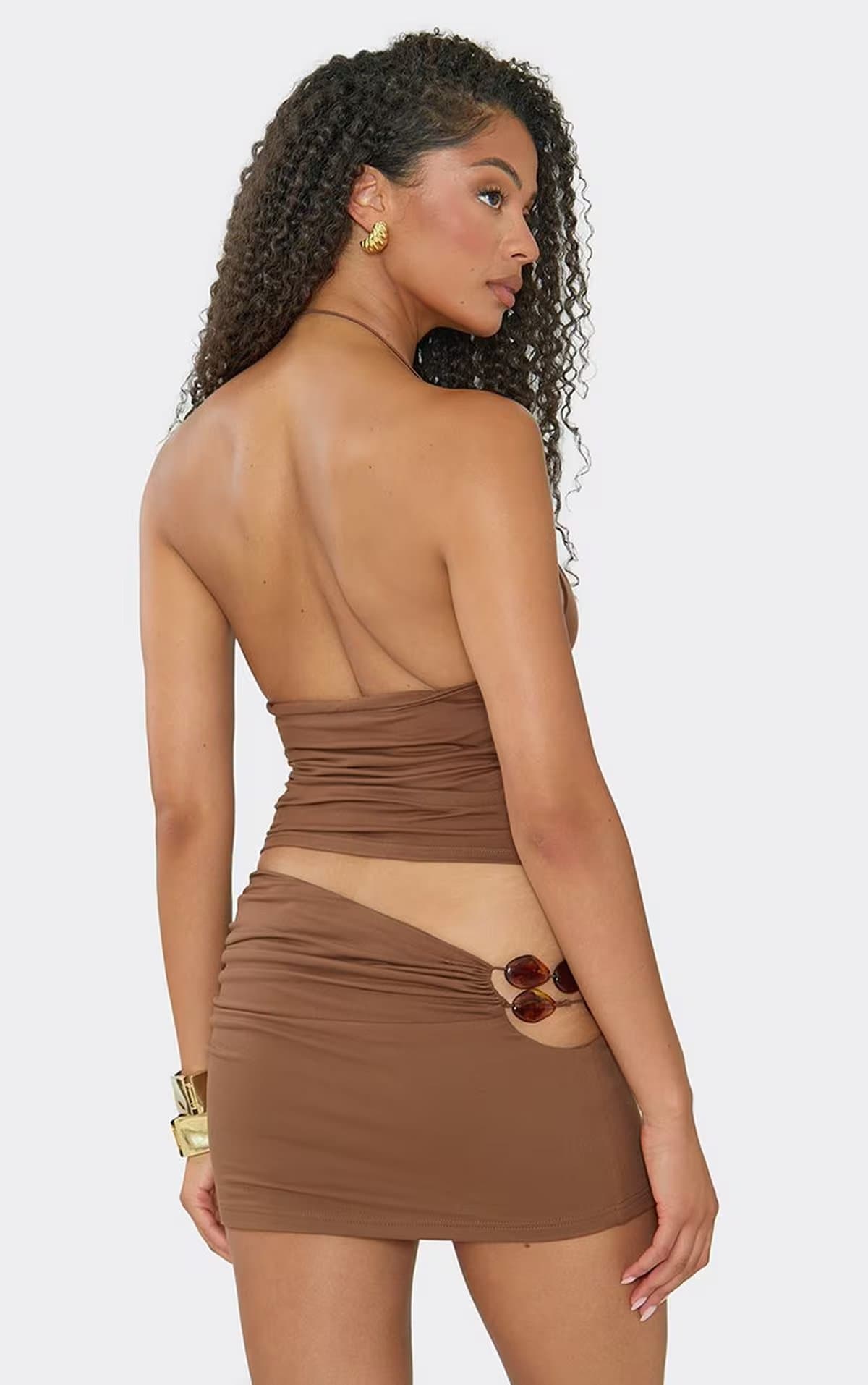 EGO Low Rise Trim Detail Ruched Mini Skirt In Brown., Women's Size UK 6