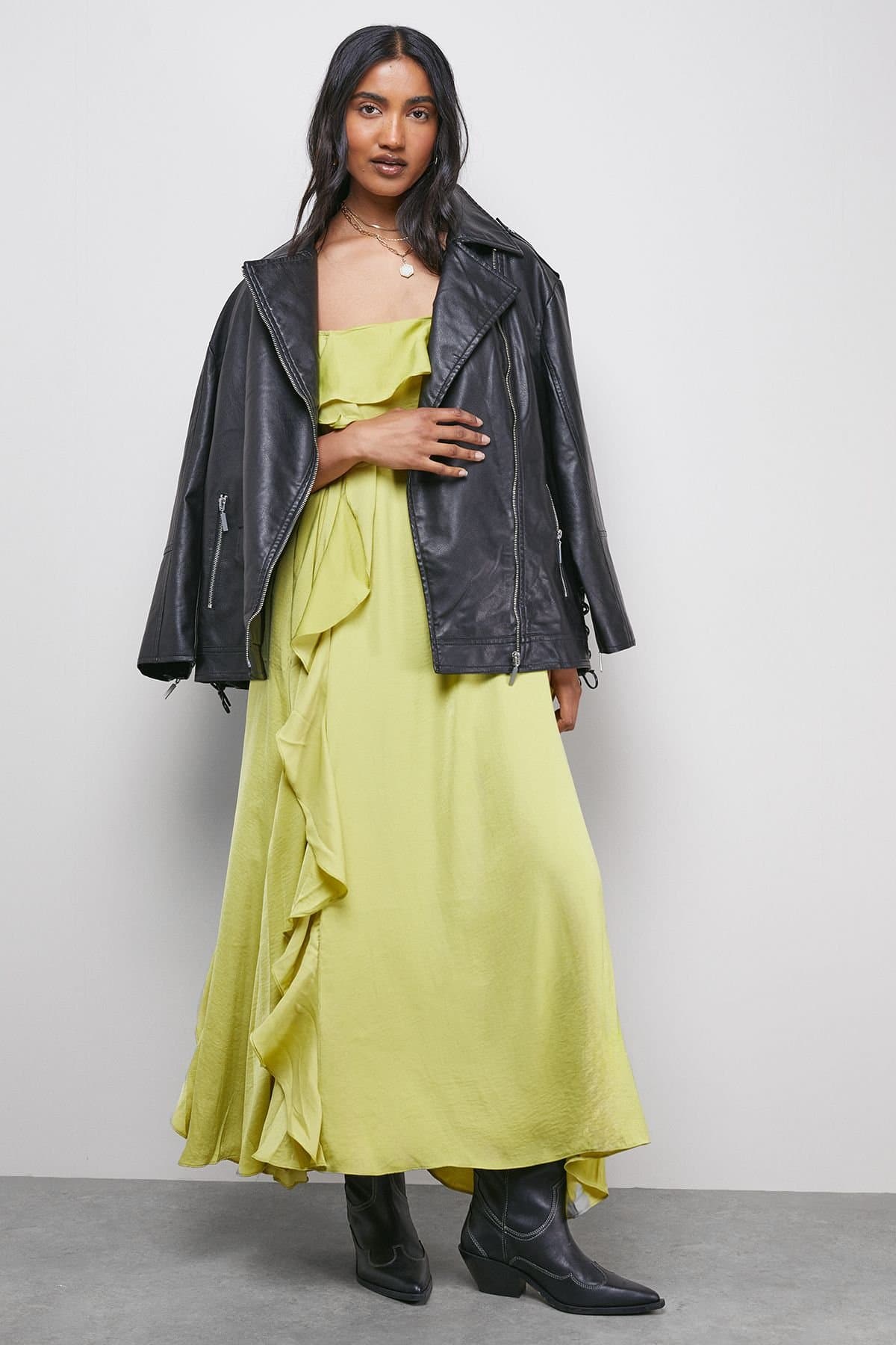 Warehouse Warehouse Women's Satin Strappy Ruffle Midi Dress in Chartreuse
