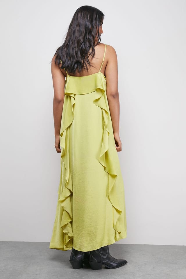 Warehouse Warehouse Women's Satin Strappy Ruffle Midi Dress in Chartreuse - 3