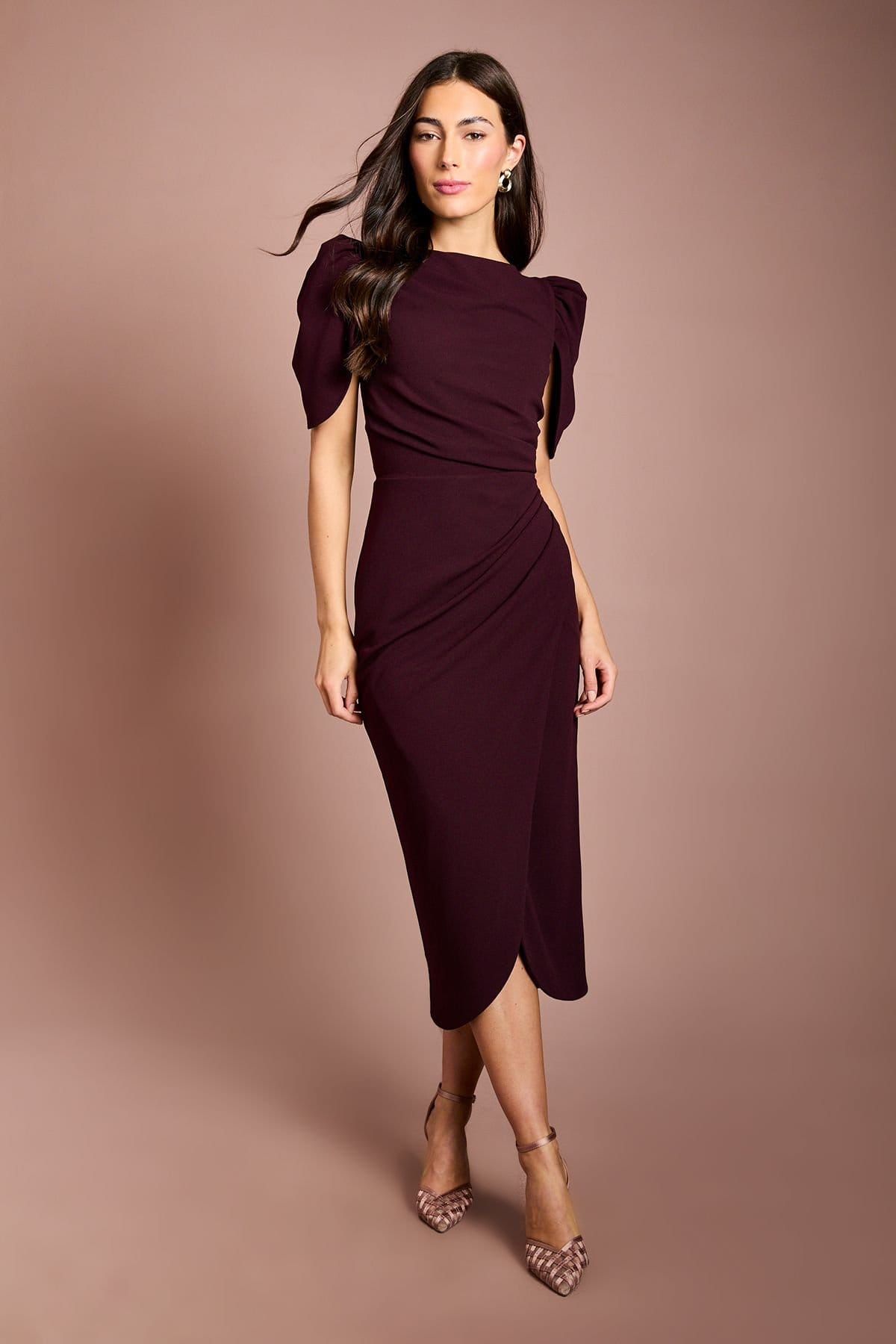 Coast Fig Crepe Midi Dress With Pleat Detail