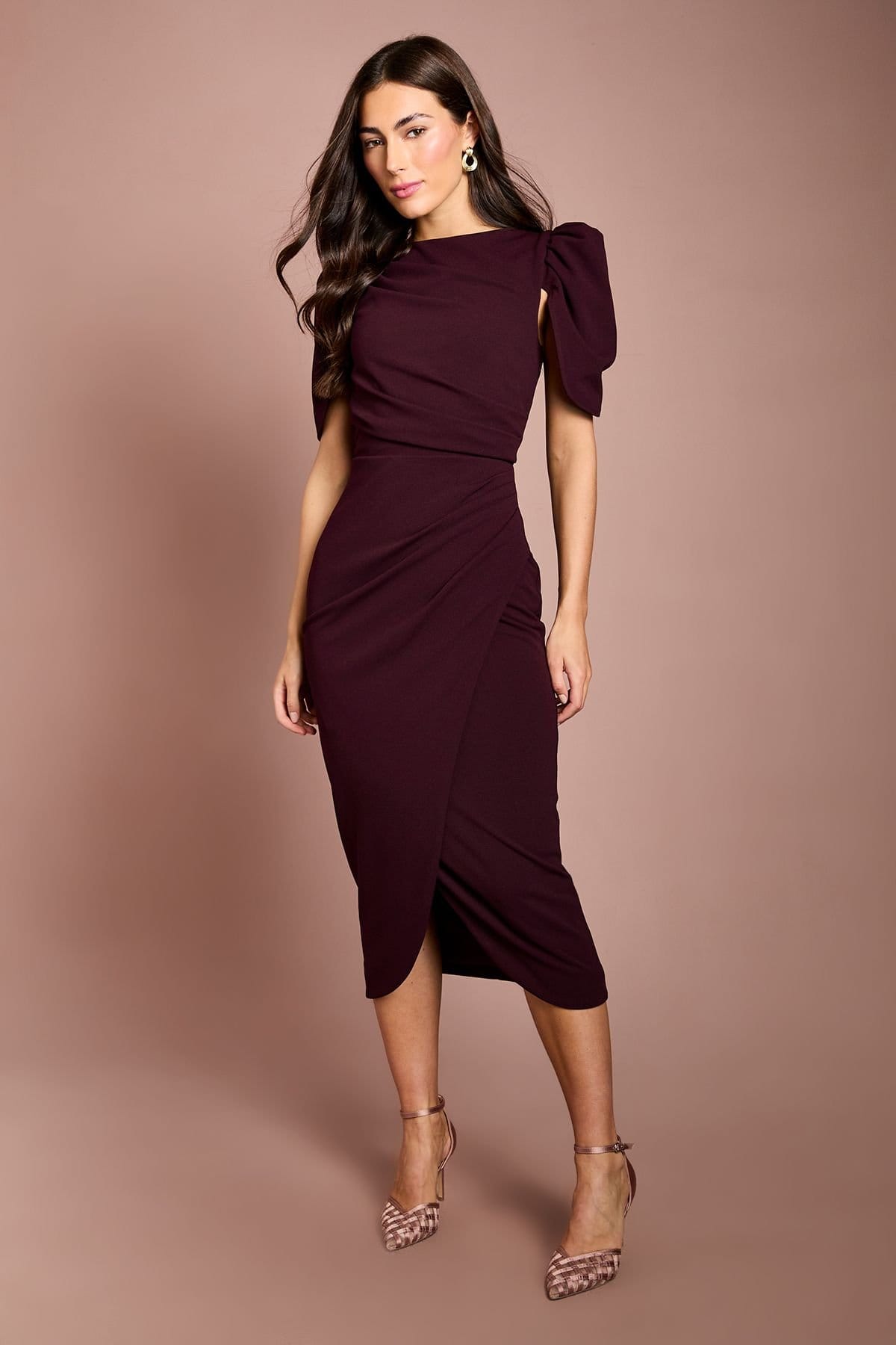Coast Coast Women's Pleat Detail Crepe Midi Dress in Fig - 4