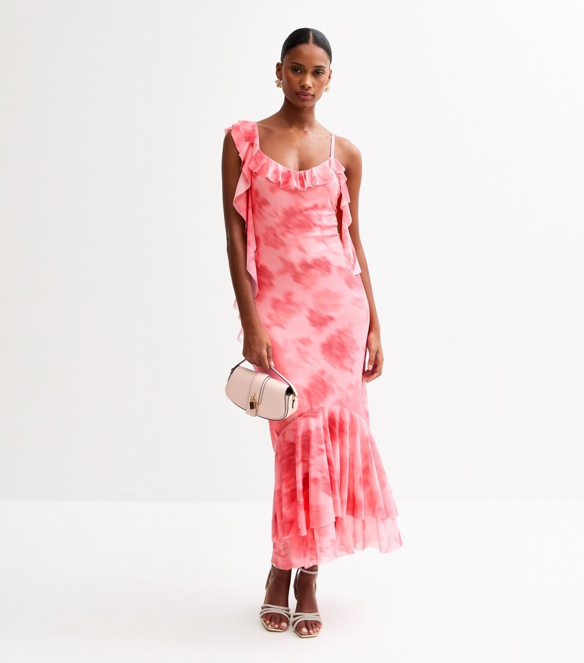 New Look Pink Frilly Trimmed Mesh Midi Dress