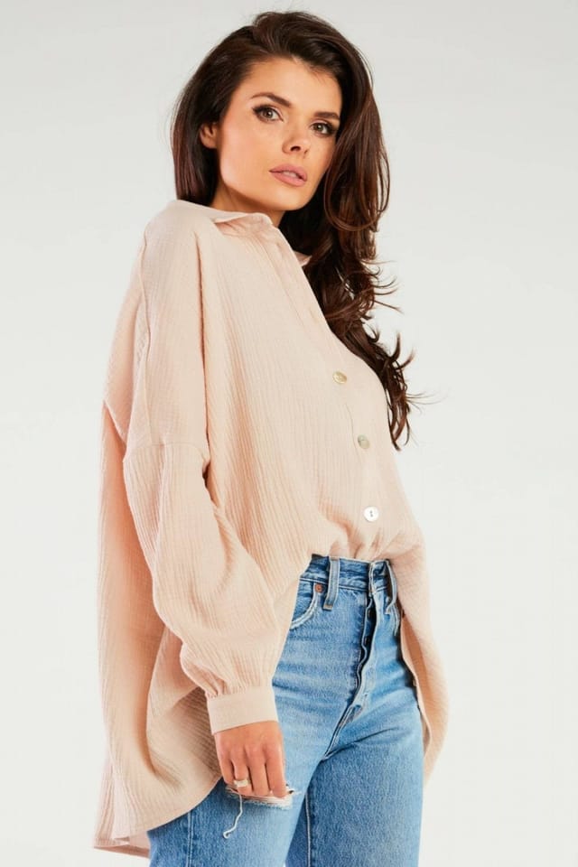 Love Lace Love Lace Women's Oversized Long Sleeve Button Neck Shirt in Pale Pink - 2