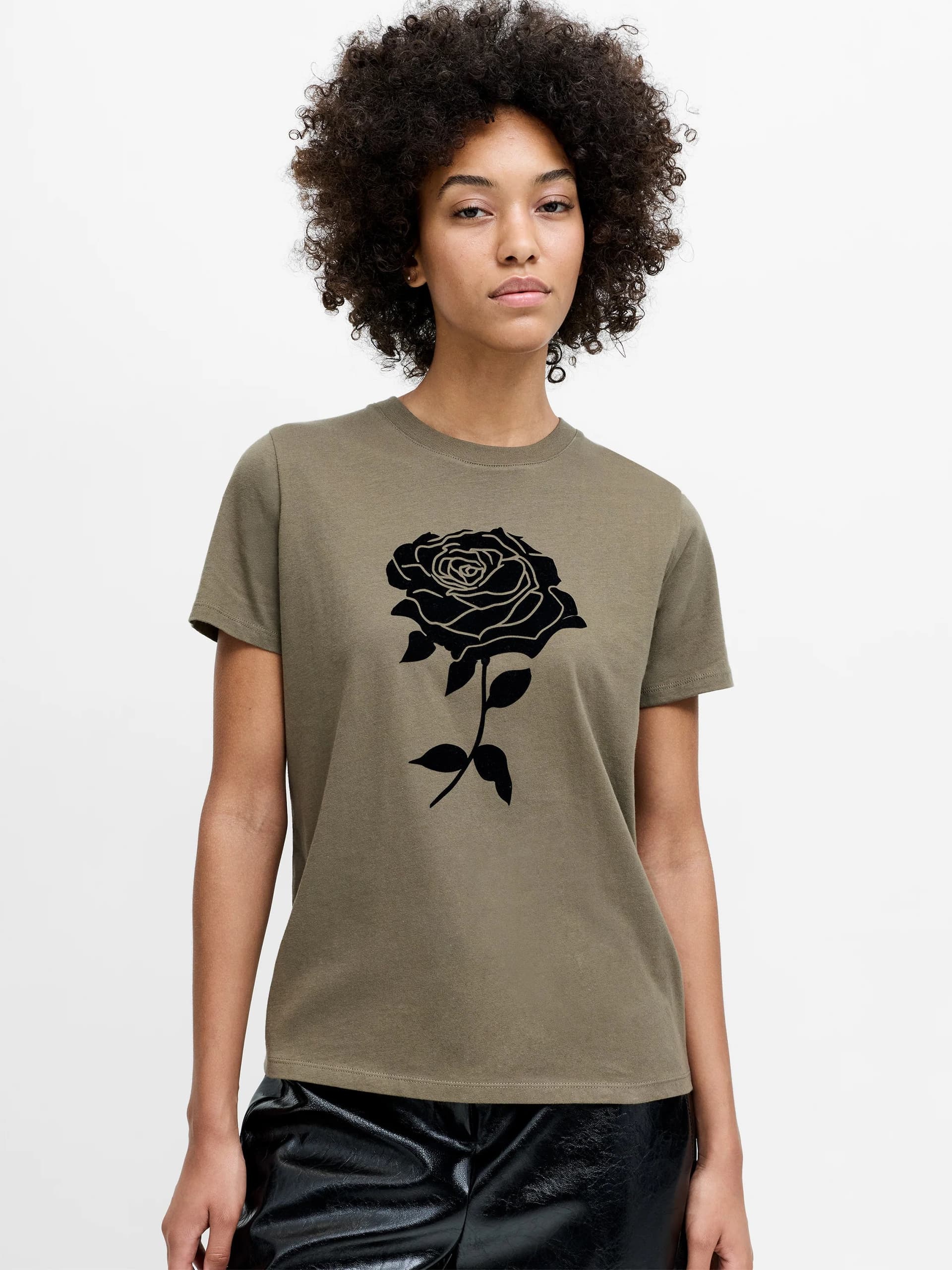 French Connection Rose Khaki Green Flocked T-Shirt Khaki Green/Black