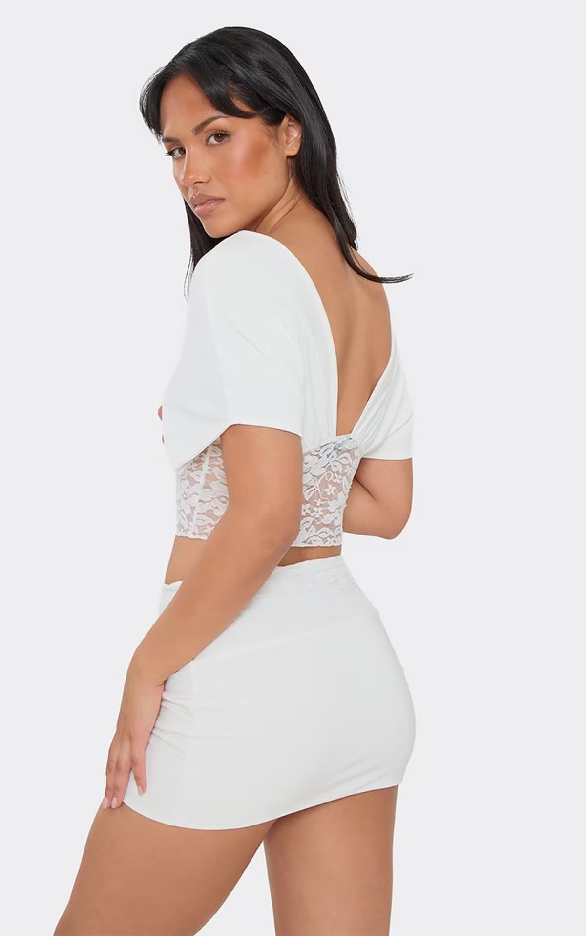 EGO Short Sleeve Lace Panel Top In White Slinky, Women's Size UK 6