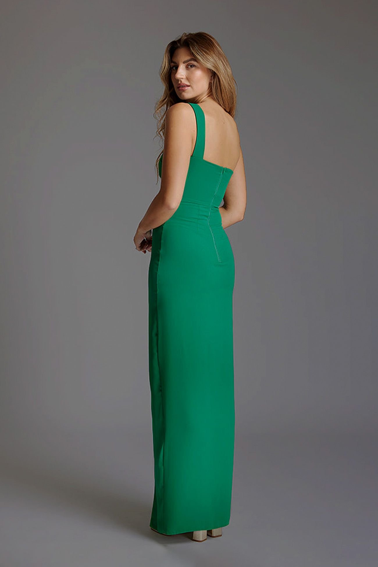 Vesper Vesper Women's One Shoulder Maxi Dress with Thigh Split in Emerald - 3