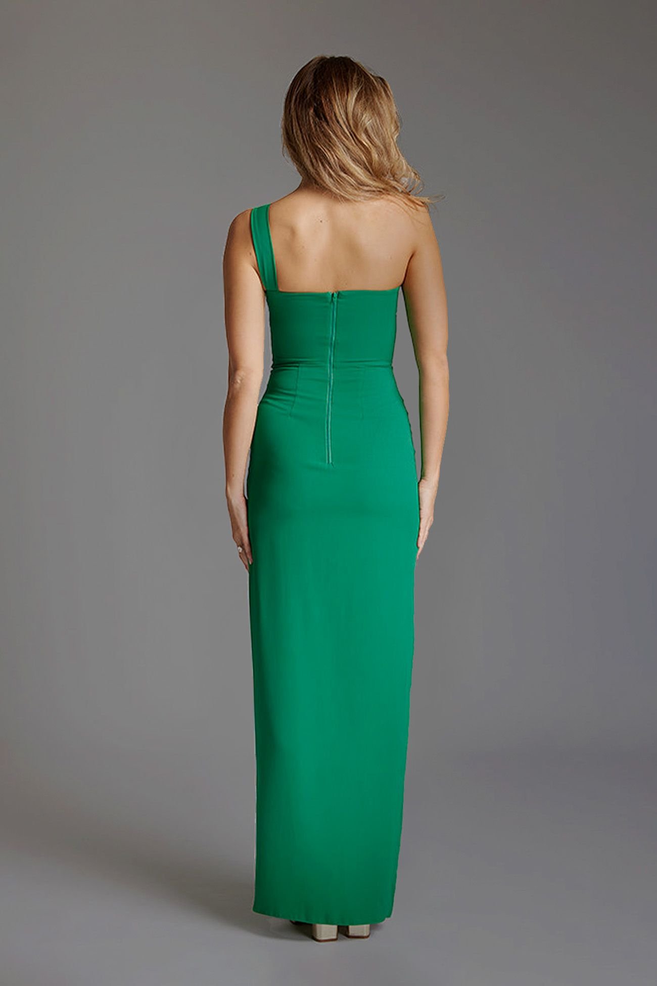 Vesper Vesper Women's One Shoulder Maxi Dress with Thigh Split in Emerald - 4