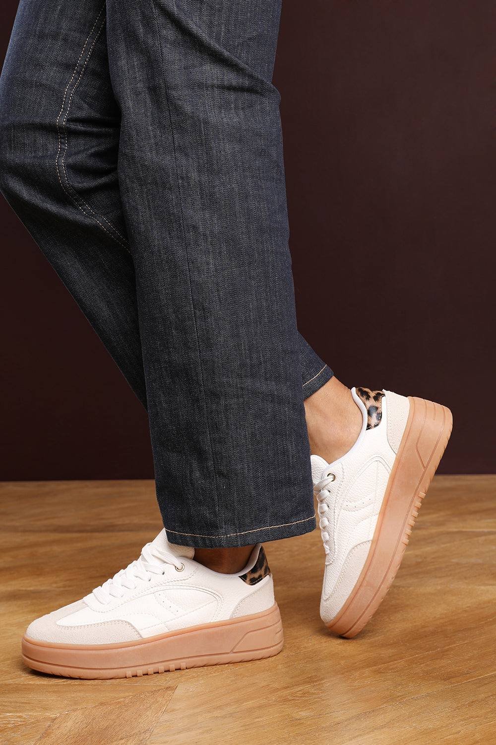 Wheres That From Where's That From Women's 'Yulia' Low Wedge Lace up trainer with leopard print heel detail in White - 2