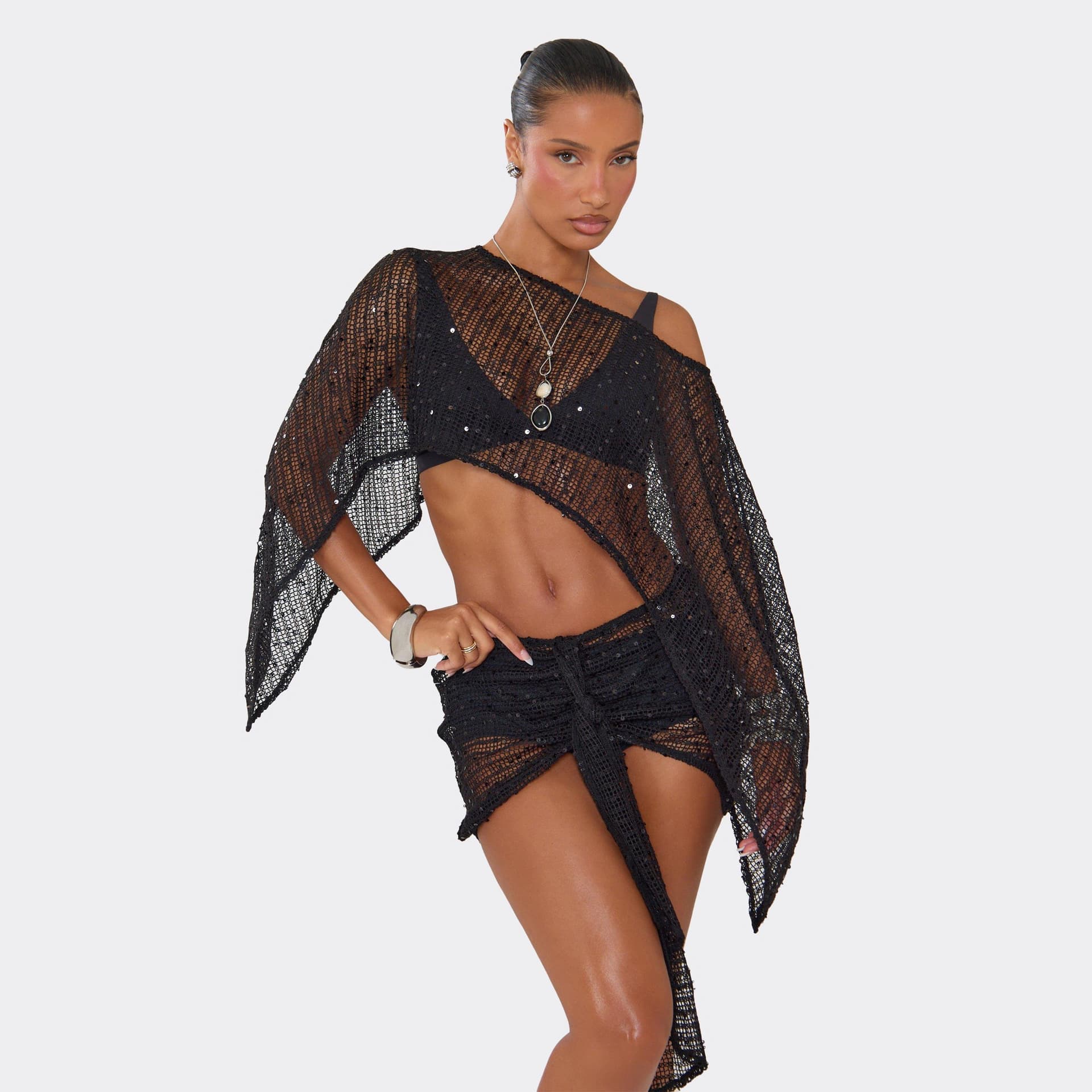 EGO Cape Top In Black Sequin, Women's Size UK 8