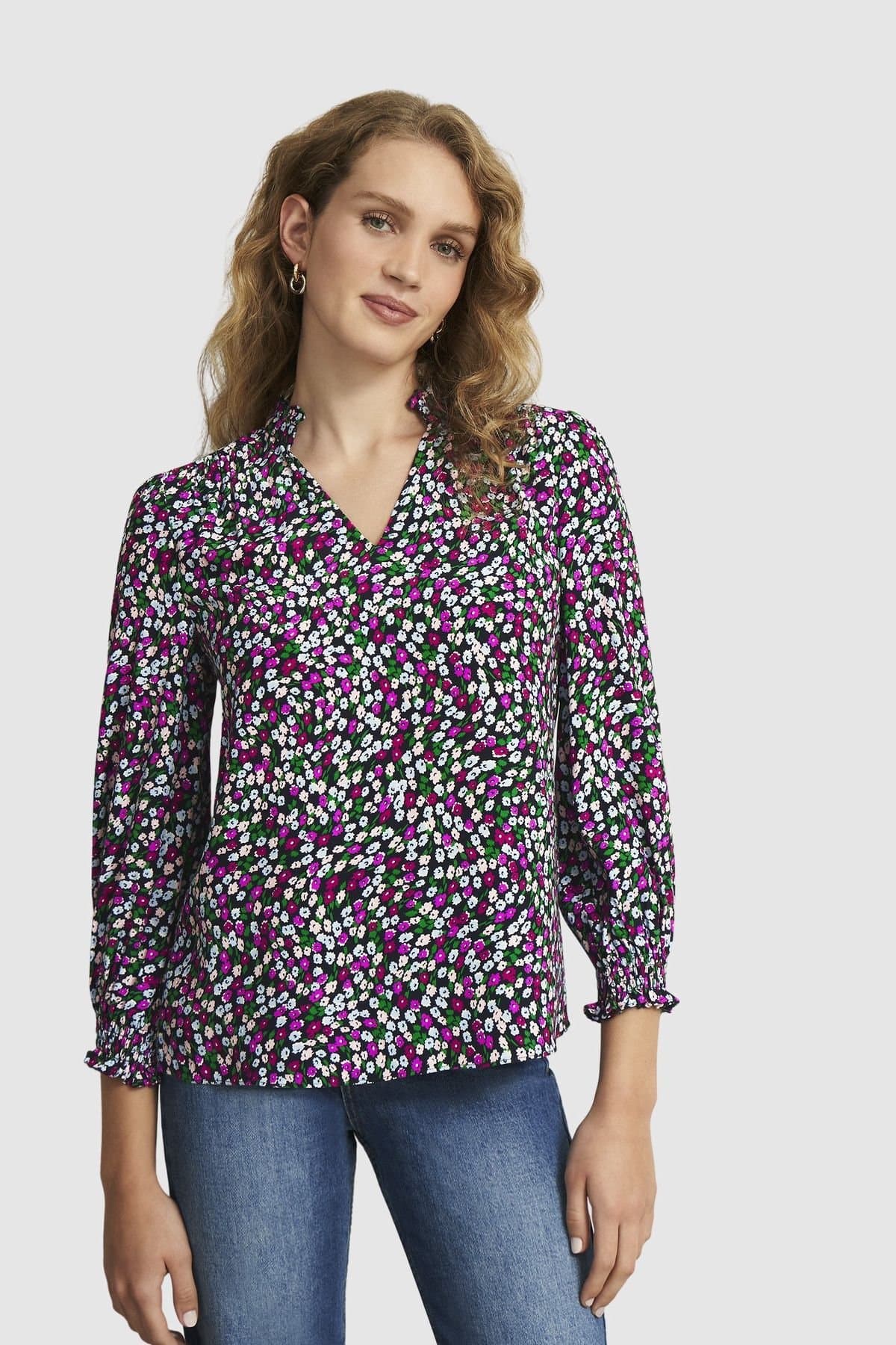 Hobbs London Hobbs London Fuchsia Floral Print V-Neck Blouse
