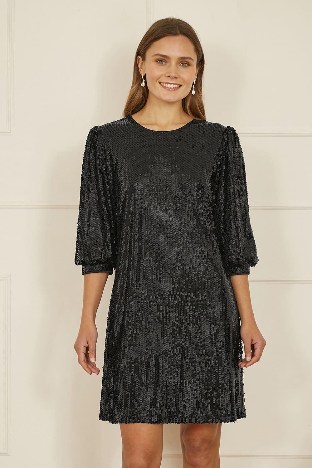 Yumi Yumi Women's Black Sequin Tunic Dress With Balloon Sleeves