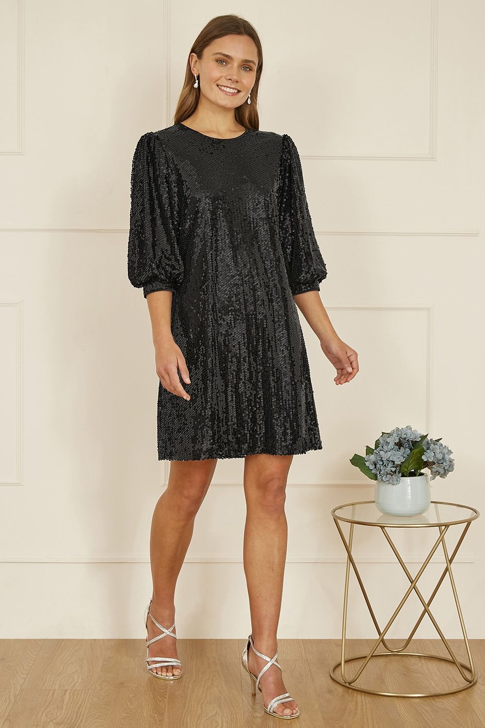 Yumi Yumi Women's Black Sequin Tunic Dress With Balloon Sleeves - 2